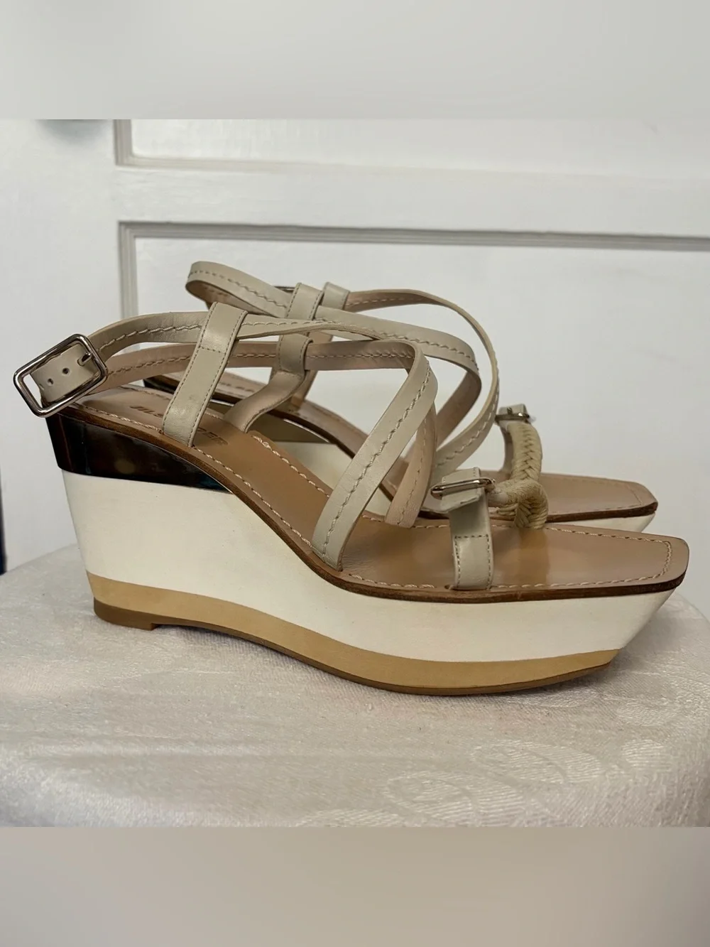 Jil Sander Strappy Leather and Rope Wedge Sandals, beige w/silver, 38, GUC